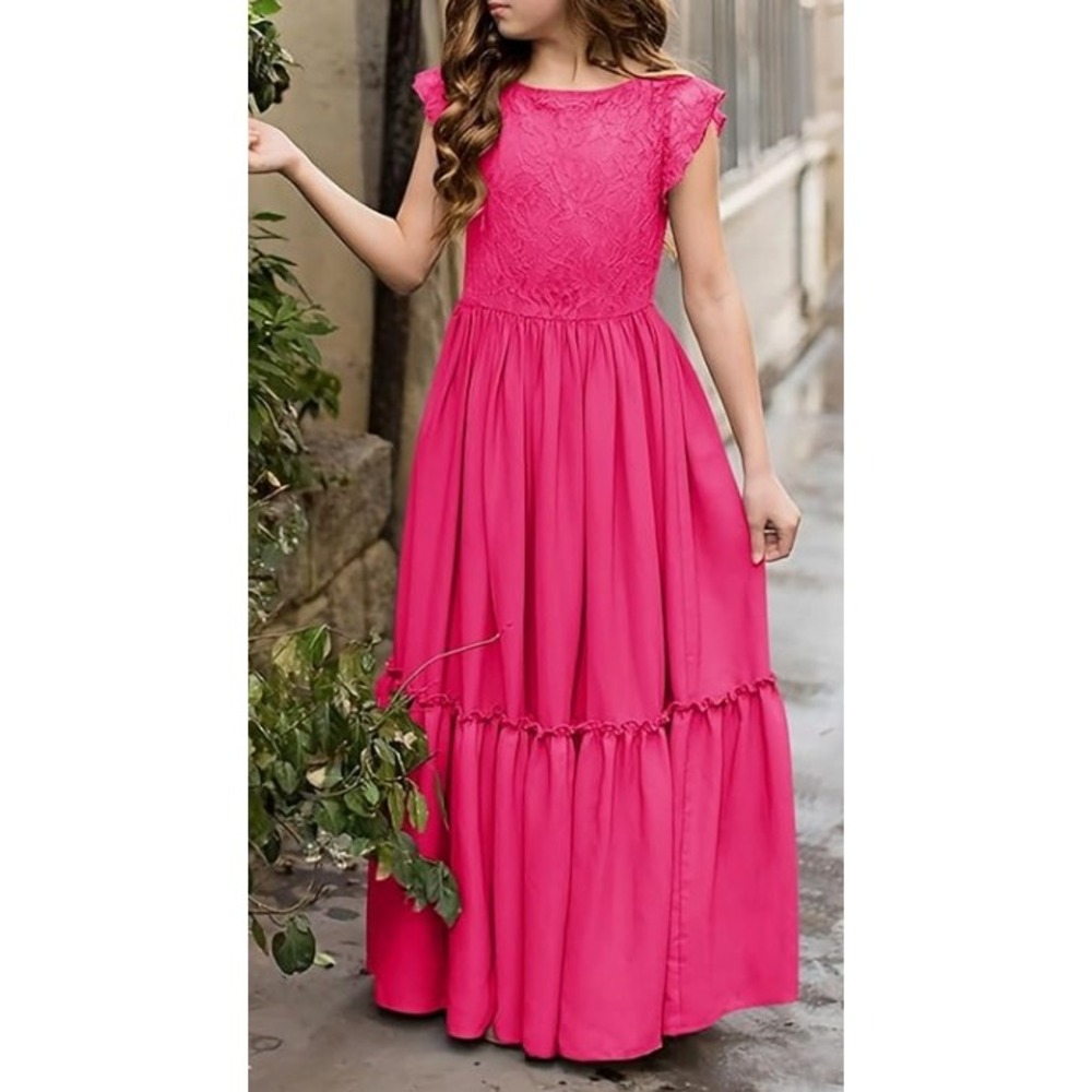 MITILLY Maxi Dress Girls 12 Rose Red Lace Ruffle Sleeve A-Line Wedding Party